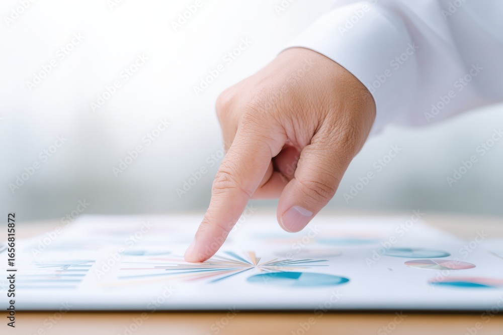 Poster a hand points at colorful charts and graphs on a document, suggesting analysis, discussion, or prese