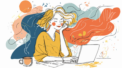 Illustration of woman working on laptop with coffee break time