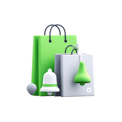 3D render of two shopping bags, one light gray, one lime green, with a small bell ornament