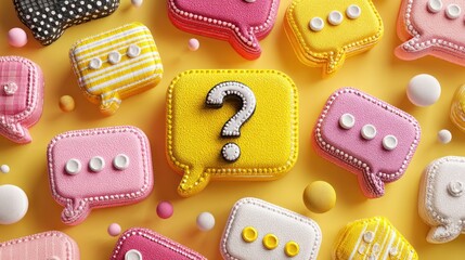 Colorful, playful speech bubbles in bright yellow, pink, and white, arranged with a question mark symbol, create a cheerful and engaging visual concept.