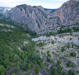 Aerial view from a drone of the Montoro Organs natural monument in the municipalities of Villarluengo and Ejulve. Maestrazgo and Andorra-Sierra de Arco regions. Aragon. Spain. Europe.