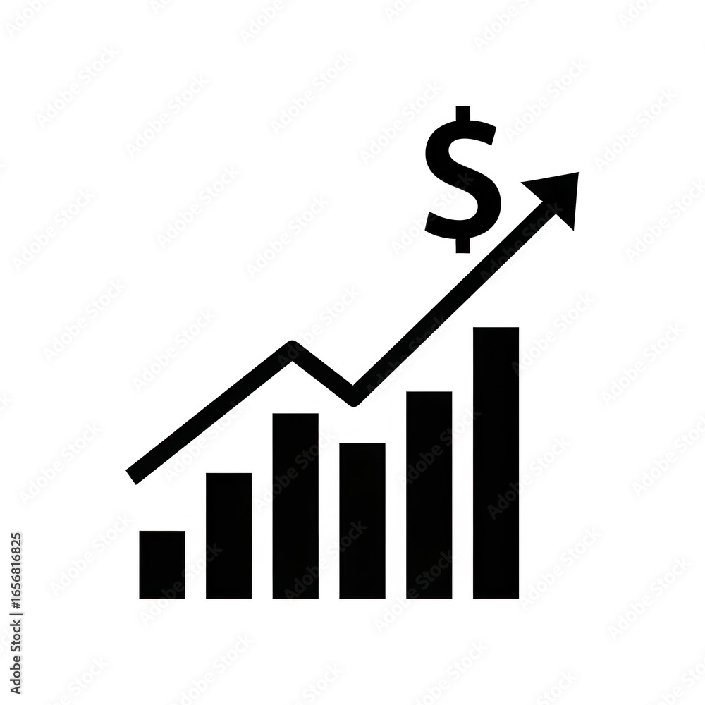 Poster black line art of a growing bar chart with a plus sign isolated on transparent background