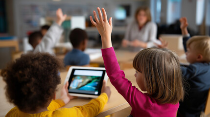 Engaged Children Learning with Tablet in Classroom Setting