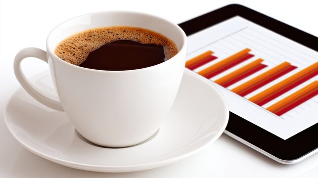 A steaming cup of coffee sits beside a tablet displaying colorful bar graphs, blending a moment of relaxation with productivity. - Powered by Adobe