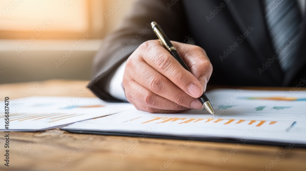 Poster a business professional analyzing charts and graphs while writing notes on a document with a pen.