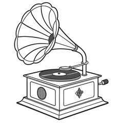 An isolated antique wooden gramophone with a brass speaker plays vintage music on a vinyl record, evoking a sense of nostalgia