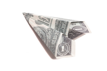 Money Origami Plane from a One Dollar Bill Note isolated