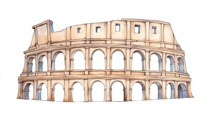 A detailed watercolor illustration of the iconic Roman Colosseum, showcasing its architectural grandeur and history.