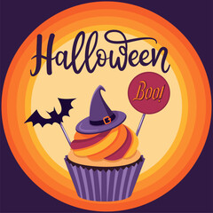 Festive Halloween Cupcake with Witch Hat Illustration