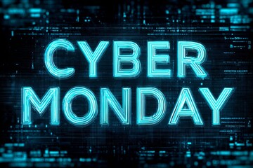 Cyber Monday sale promotions with glowing blue text on a digital background Generative AI