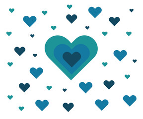 Blue layered heart pattern with modern abstract design of multiple romantic love symbols on white background