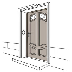 Vector illustration of a closed white wooden door with a brass handle, a classic architectural entrance to a cozy home interior