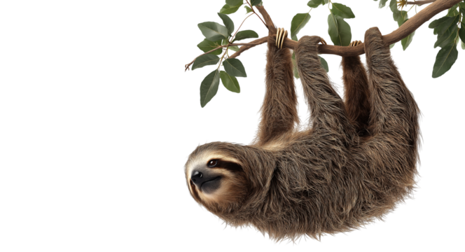 vSloth hanging upside down on a branch, isolated against a white background. Detailed, realistic stock photography in high definition, high resolution, and high quality. 