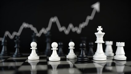 Chessboard with Financial Growth Chart and Chess Pieces Representing Strategy