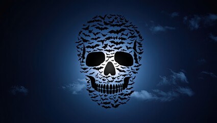 Poster with bats forming a giant skull shape in the night sky.