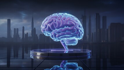 Glowing blue brain model on a futuristic platform with city backdrop