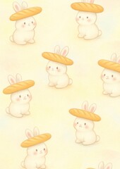 Cute bunnies wearing bread hats.