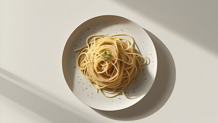 Spaghetti Aglio e Olio Plate: Top-down view of a plate of spaghetti aglio e olio, with garlic chips and a shimmering olive oil coating