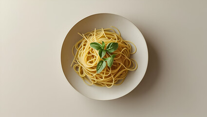 Minimal Spaghetti Aglio e Olio Nest on White Plate: A small, elegant nest of spaghetti aglio e olio lightly twirled on a white plate, with a glistening olive oil glaze and delicate garlic slivers.  