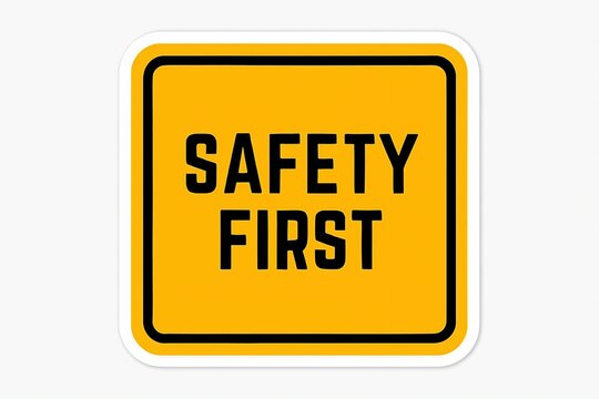 Bright yellow safety first sign with black lettering and border on white background