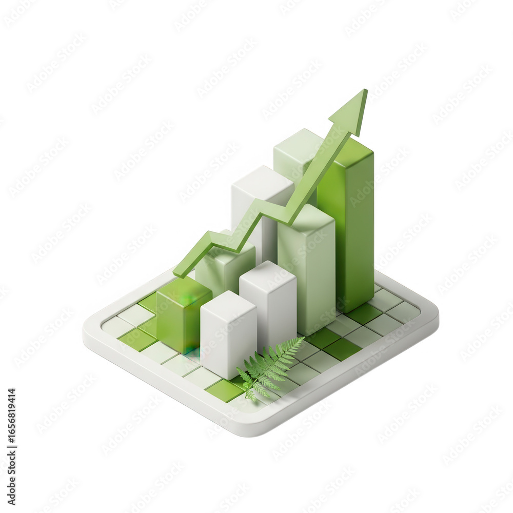 Poster 3d isometric bar chart with upward trend arrow isolated on transparent background
