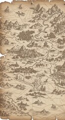 Detailed fantasy world map illustration on aged parchment paper
