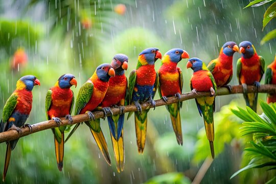 Colorful Rainbow Lorikeets Perched on Branch in Rain with Lush Greenery