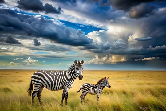 Zebra Mother and Foal Grazing in the African Savannah Under a Dramatic Sky