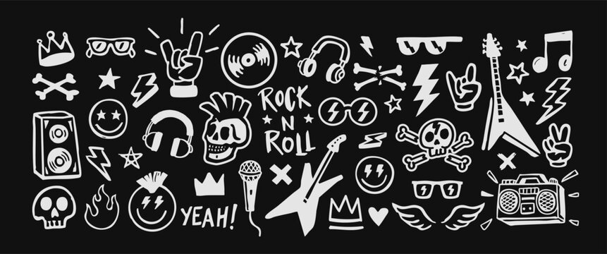 Rock and roll doodle vector set with skulls, guitars, music notes, lightning bolts, and punk elements.
Perfect for t-shirts, posters, stickers, album covers, and retro designs.