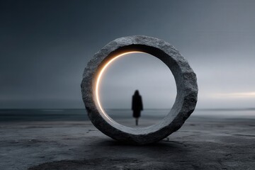 Fototapeta premium Person steps through the portal on a grey beach near a flat ocean