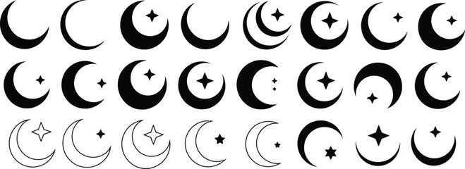 Black and white crescent moon and star graphic icons collection. Diverse minimalist celestial designs and symbolic elements for spiritual, cosmic, or decorative design projects.