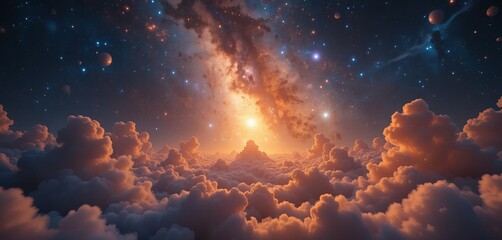 Seamless looped repetitive animation flight through deep space. Colorful starry night sky outer space background. Journey through the Milky Way to distant galaxies and constellations.