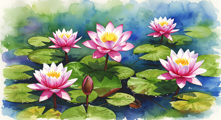 Elegant watercolor painting of pink lotus flowers and lily pads floating serenely in blue water