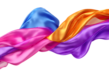 Silk scarf flying in the wind. Waving colorful satin cloth isolated on transparent background