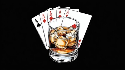 A glass of whiskey on the rocks with playing cards in the background, perfect for games and nightlife imagery.