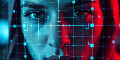 Close-up of face overlaid with scanning grid; futuristic security concept,  future,   identification