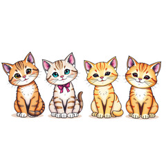Four cute cartoon cats sitting with cheerful expressions  