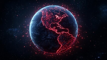 Obraz premium A vibrant digital representation of Earth, showcasing glowing outlines and intricate details in a cosmic backdrop.