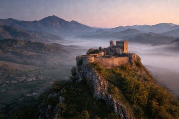Obraz premium Ancient castle perched on a misty mountaintop