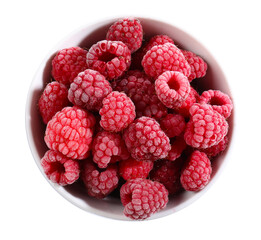 Ripe frozen raspberries in bowl isolated on white, top view