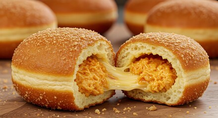 Delicious Classic Chicken And Melted Cheese Stuffed Doughnuts Golden Fried And Irresistibly Savory, A Unique Comfort Food Perfect For Breakfast, Party Platters, Or Anytime Snacking