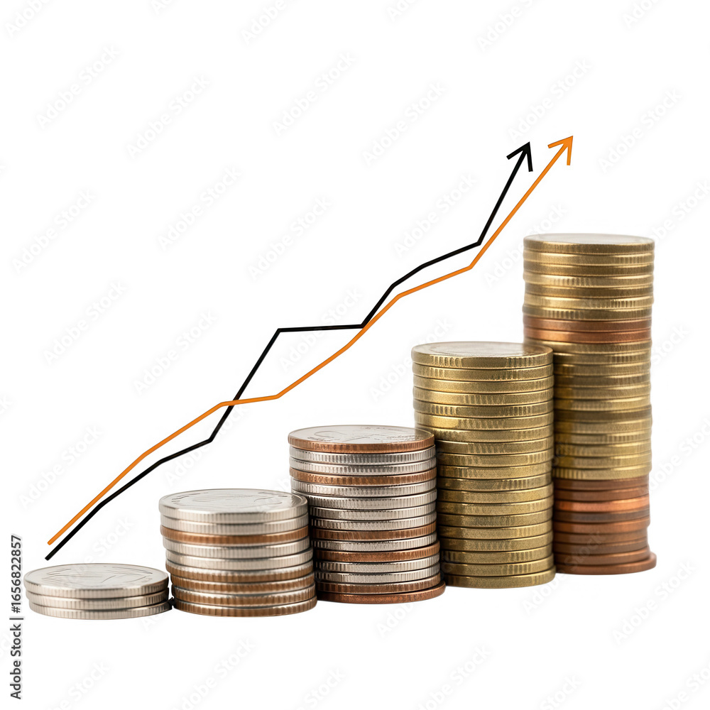 Poster stacks of coins with upward trending graph isolated on transparent background