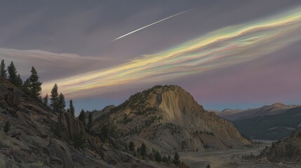 Obraz premium Mountainous landscape at dawn with colorful sky phenomenon.