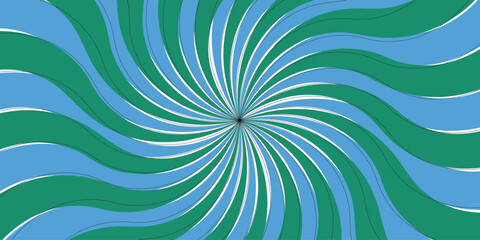 Abstract bold optical illusion background with swirling green and sky blue wavy stripes radiating from the center. Hypnotic swirl radiates symmetrically sense of motion and energy.