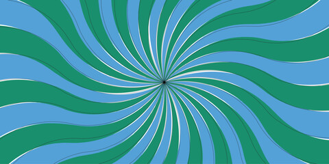 Abstract bold optical illusion background with swirling green and sky blue wavy stripes radiating from the center. Hypnotic swirl radiates symmetrically sense of motion and energy.