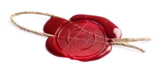 Red wax seal with twine isolated on white