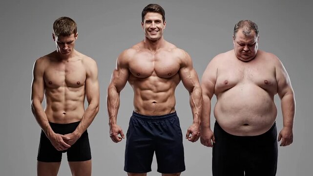 Different body types in men. Overweight man feels insecure and sad among others.