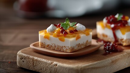 Delicious dessert with layers of cream, fruit, and a crunchy base on a wooden board
