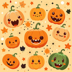 Cute halloween pumpkins with happy faces and autumn leaves on a light orange background