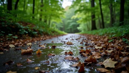Rain-soaked path covered with autumn leaves in forest  
